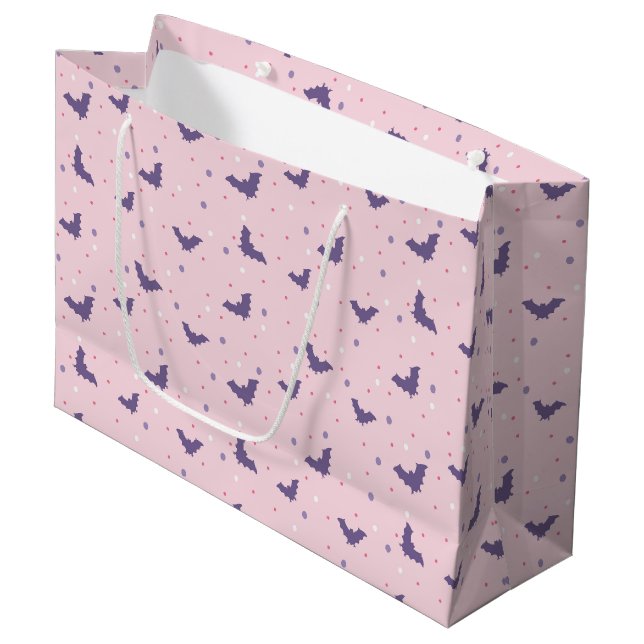Cute Pink Halloween Bat Pattern with Polka Dots Large Gift Bag (Front Angled)