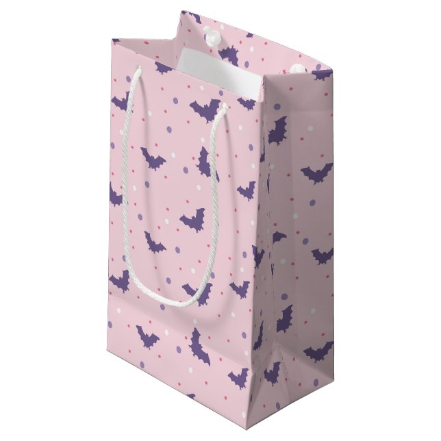 Cute Pink Halloween Bat Pattern with Polka Dots Small Gift Bag (Front Angled)