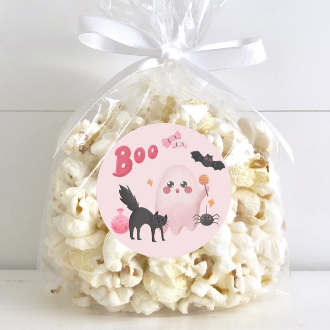 Cute Pink Halloween Birthday Party Classic Round Sticker (Cute Pink Halloween Birthday Party Classic Round Sticker)