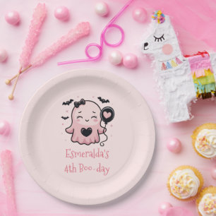 Cute Pink Halloween Ghost Birthday Party Paper Plate