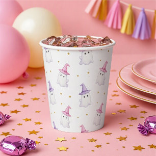 Cute Pink Halloween Ghosts and Witch Hats Paper Cups