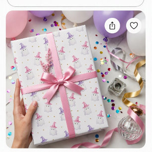 Cute Pink Halloween Ghosts and Witch Hats Wrapping Paper