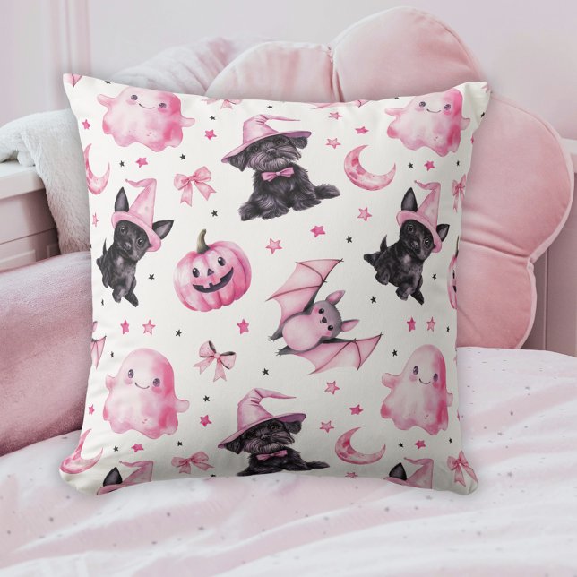 Cute Pink Halloween Ghosts & Dogs Throw Pillow (Cute Pink Halloween Ghosts & Dogs Throw Pillow)