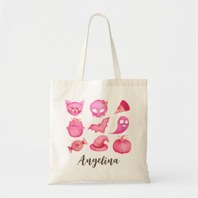 Cute Pink Halloween Witch with Name Tote Bag (Front)