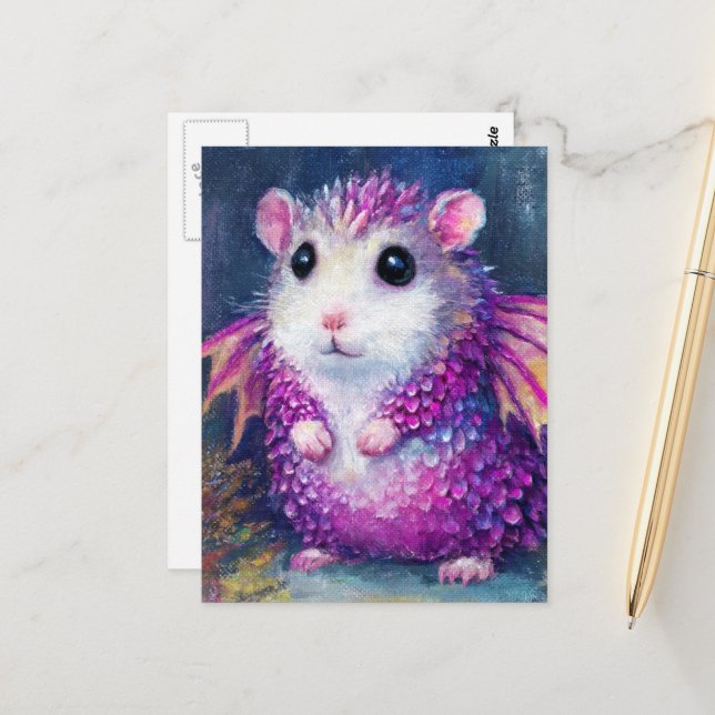 Cute Pink Hamster Dragon Postcard (Front/Back In Situ)