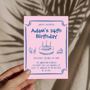 Cute Pink Hand-Drawn Cake 14th Birthday Party Invitation