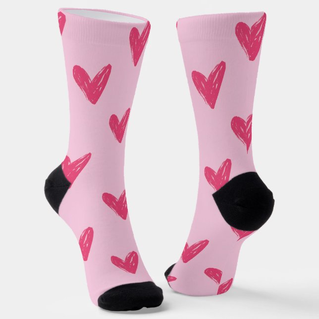 Cute Pink Hand Drawn Hearts Crew Socks (Angled)