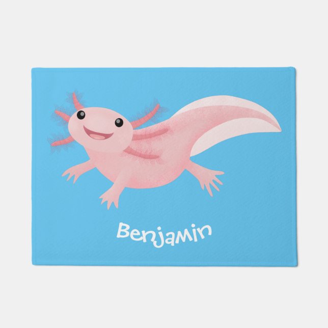 Cute pink happy axolotl doormat (Front)