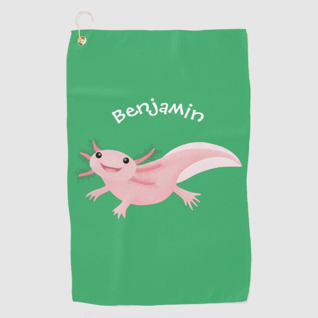 Cute pink happy axolotl  golf towel (Front)