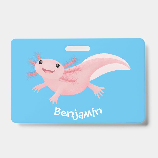 Cute pink happy axolotl ID badge (Front)