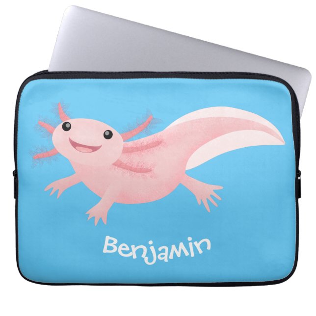 Cute pink happy axolotl laptop sleeve (Front)