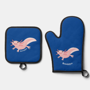 Cute pink happy axolotl oven mitt & pot holder set