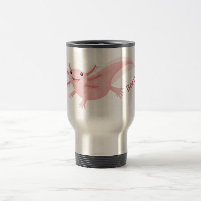Cute pink happy axolotl travel mug (Center)