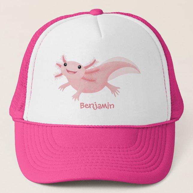 Cute pink happy axolotl trucker hat (Front)