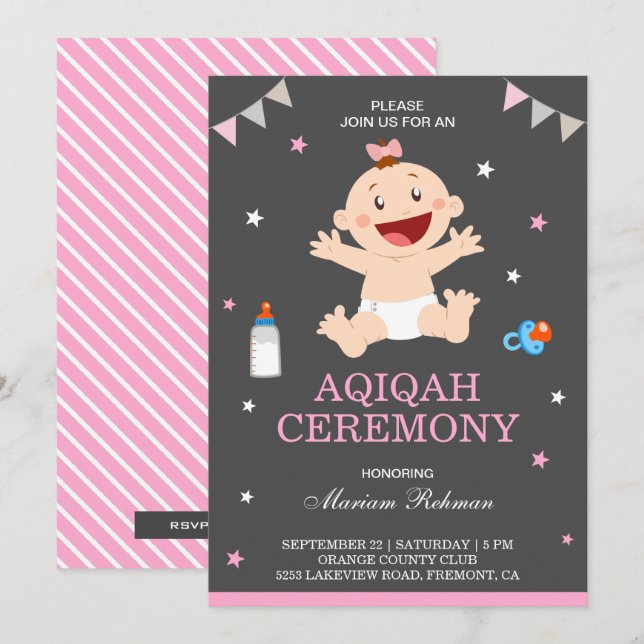 Cute Pink Happy Baby Girl Aqiqah Invitation (Front/Back)