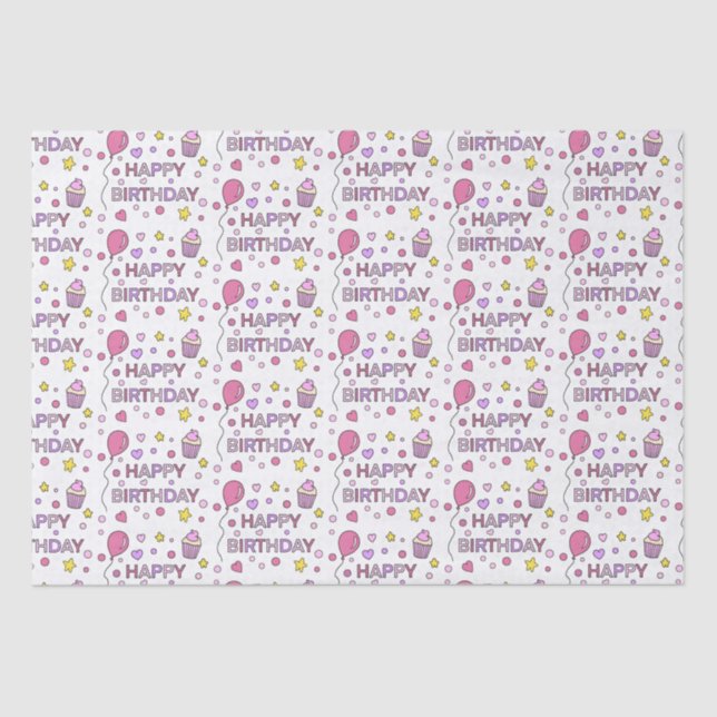 Cute Pink Happy Birthday Cupcakes, Stars and Heart Tissue Paper (Front)