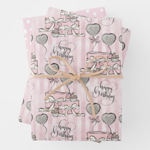  Cute Pink Happy Birthday Pattern Wrapping Paper Sheet