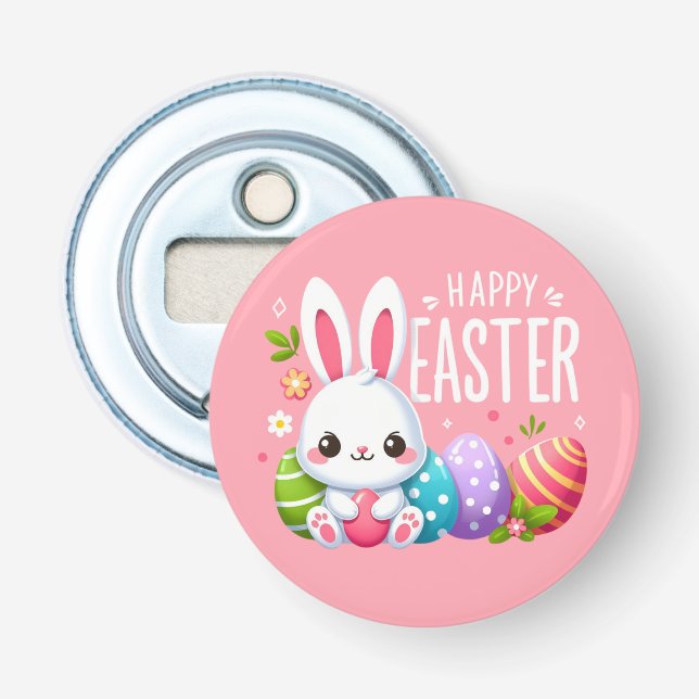 Cute, pink Happy Easter bunny Bottle Opener (Front)