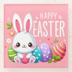 Cute, pink Happy Easter bunny Mug Glass Coaster
