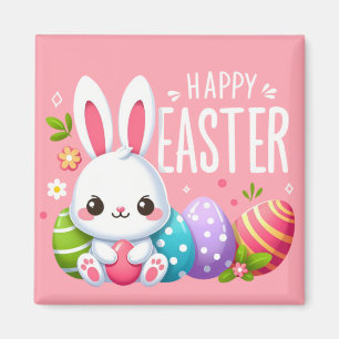 Cute, pink Happy Easter bunny Mug Magnet