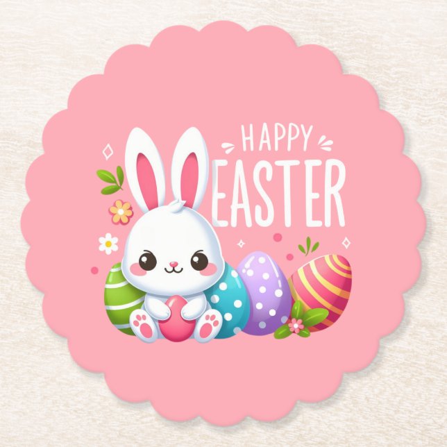 Cute, pink Happy Easter bunny Paper Coaster (Front)