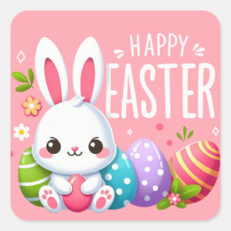 Cute, pink happy Easter bunny Square Sticker