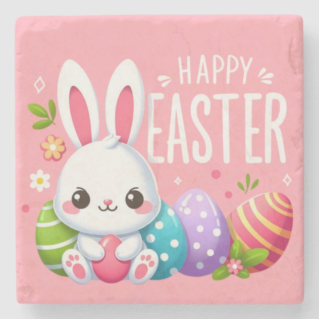 Cute, pink happy Easter bunny Stone Coaster (Front)