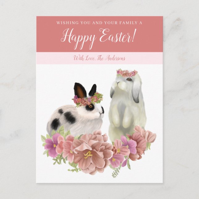 Cute Pink Happy Easter Spring Bunny Rabbits  Holiday Postcard (Front)