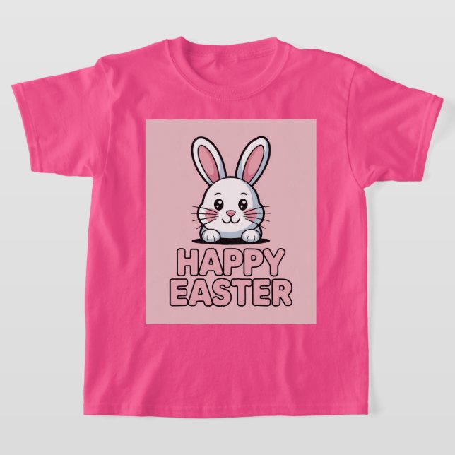 Cute Pink Happy Easter White Bunny T-Shirt (Laydown)