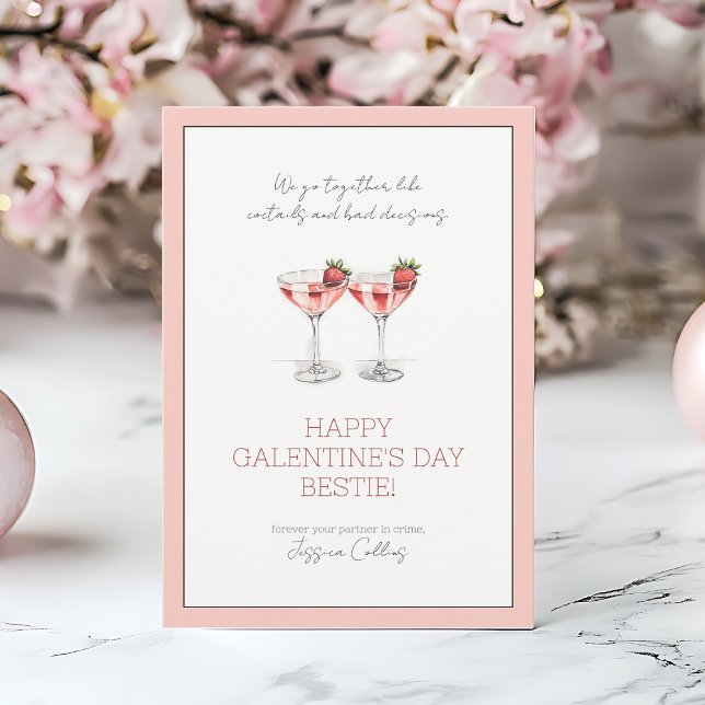 Cute Pink Happy Galentine's Day Bestie Cocktails Holiday Card (Cute Pink Happy Galentine's Day Bestie Cocktails Holiday Card)