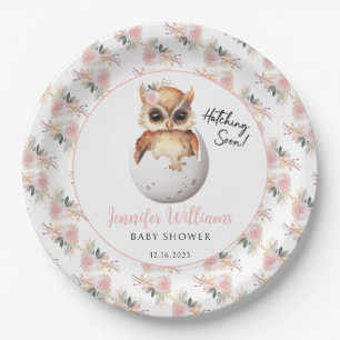 Cute pink hatching owl baby shower paper plates
