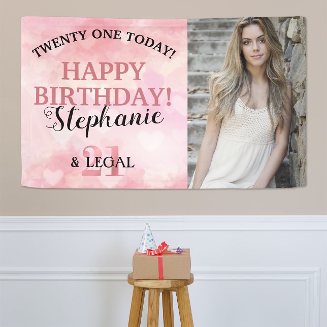 Cute Pink Heart 21st & Legal Photo Birthday Banner (Creator Uploaded)