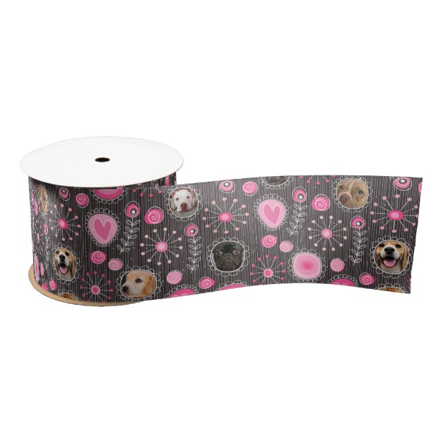 Cute Pink Heart and Flower Dog Mum Photo Collage  Satin Ribbon (Spool)