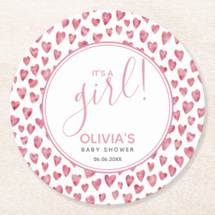 Cute Pink Heart Baby Shower It's A Girl Round Paper Coaster