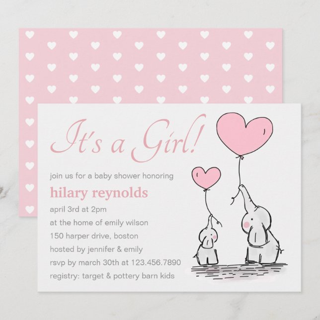 Cute Pink Heart Balloons Girl Elephant Baby Shower Invitation (Front/Back)