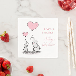 Cute Pink Heart Balloons Girl Elephant Baby Shower Napkin