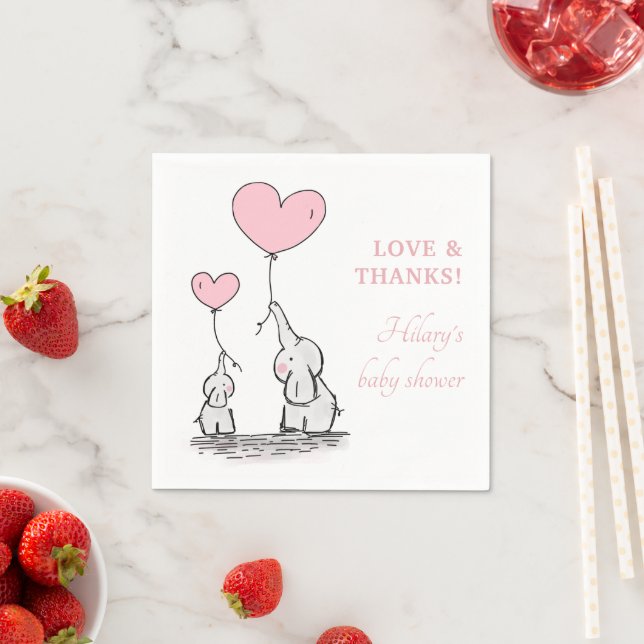 Cute Pink Heart Balloons Girl Elephant Baby Shower Napkin (Insitu)