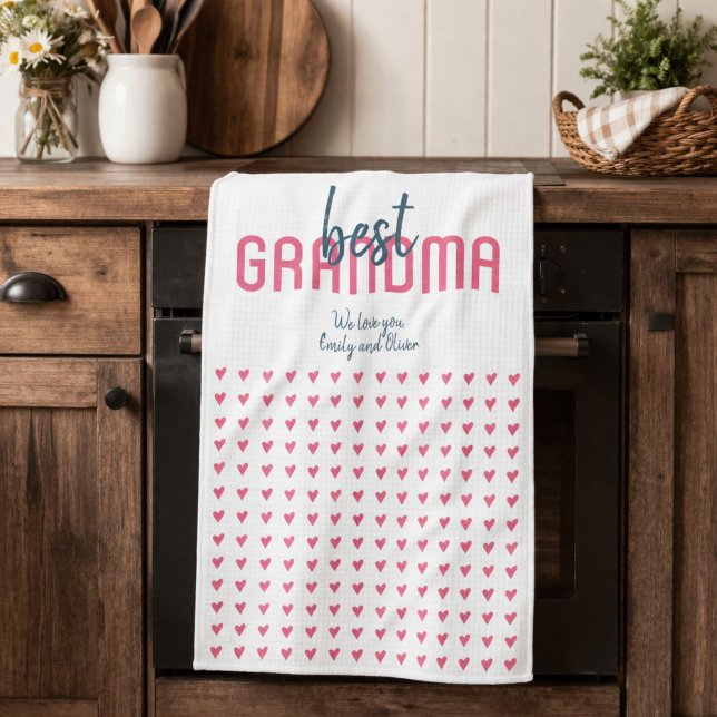Cute Pink Heart Best Grandma Mother`s Day Tea Towel (Creator Uploaded)