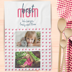 Cute Pink Heart Best Mum 2 Photo Mother`s Day Tea Towel