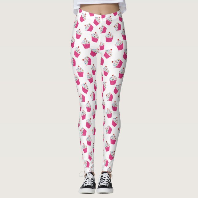 Cute Pink Heart Cupcake Pattern Leggings (Front)