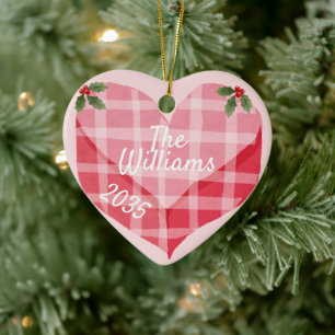 Cute Pink Heart Gingham Custom Photo Christmas Ceramic Tree Decoration