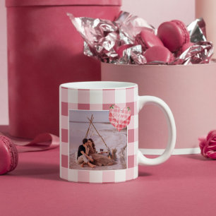Cute Pink Heart Gingham Custom Photo Christmas Coffee Mug