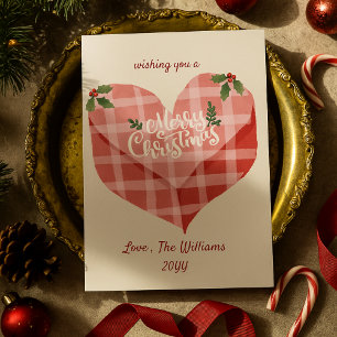 Cute Pink Heart Gingham Custom Photo Christmas Holiday Card
