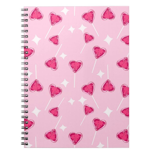 Cute Pink Heart Lollipop Seamless Pattern Notebook (Front)