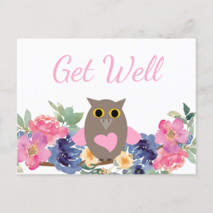 Cute Pink Heart Owl Floral Watercolor Get Well  Postcard