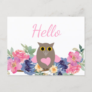 Cute Pink Heart Owl Floral Watercolor Hello  Postcard
