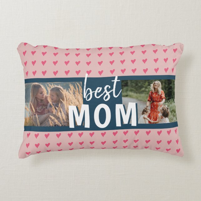 Cute Pink Heart Pattern Best Mum 2 Photo Decorative Cushion (Front)