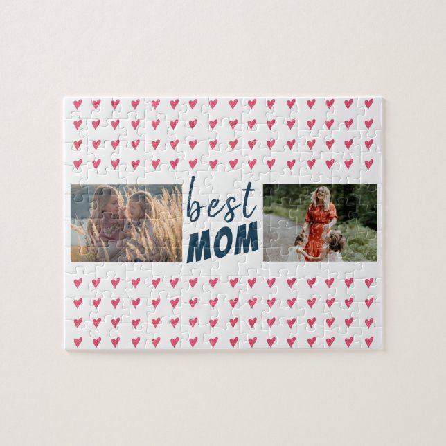 Cute Pink Heart Pattern Best Mum 2 Photo Jigsaw Puzzle (Horizontal)