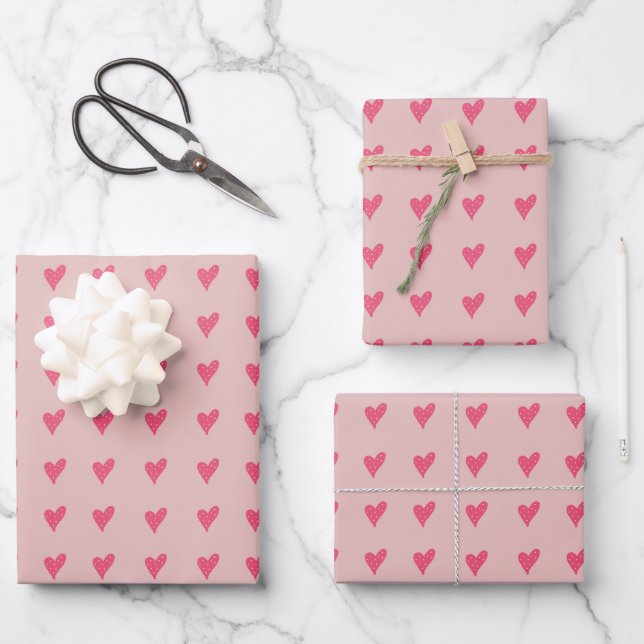 Cute Pink Heart Pattern Hand drawn Wrapping Paper Sheet (Front)