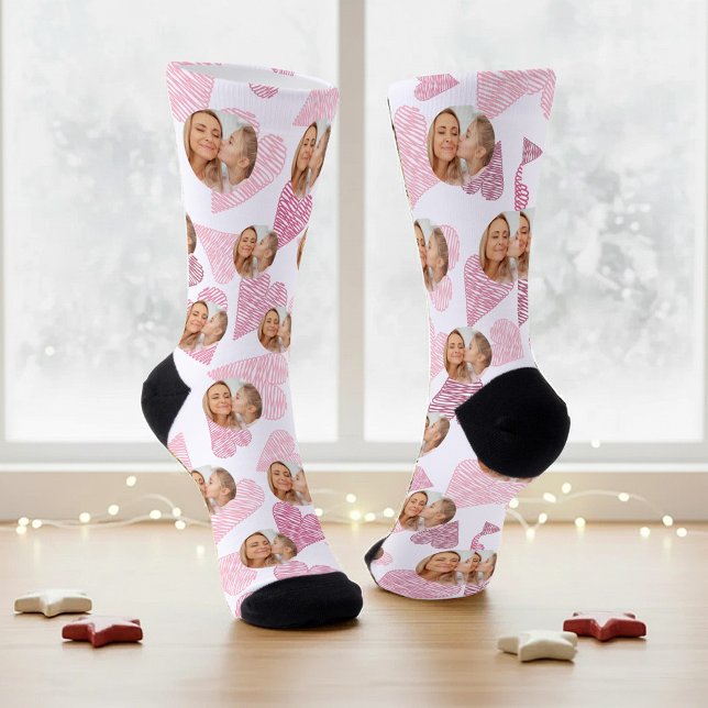 Cute Pink Heart Personalise Photo Mother's Day Mum Socks (Creator Uploaded)